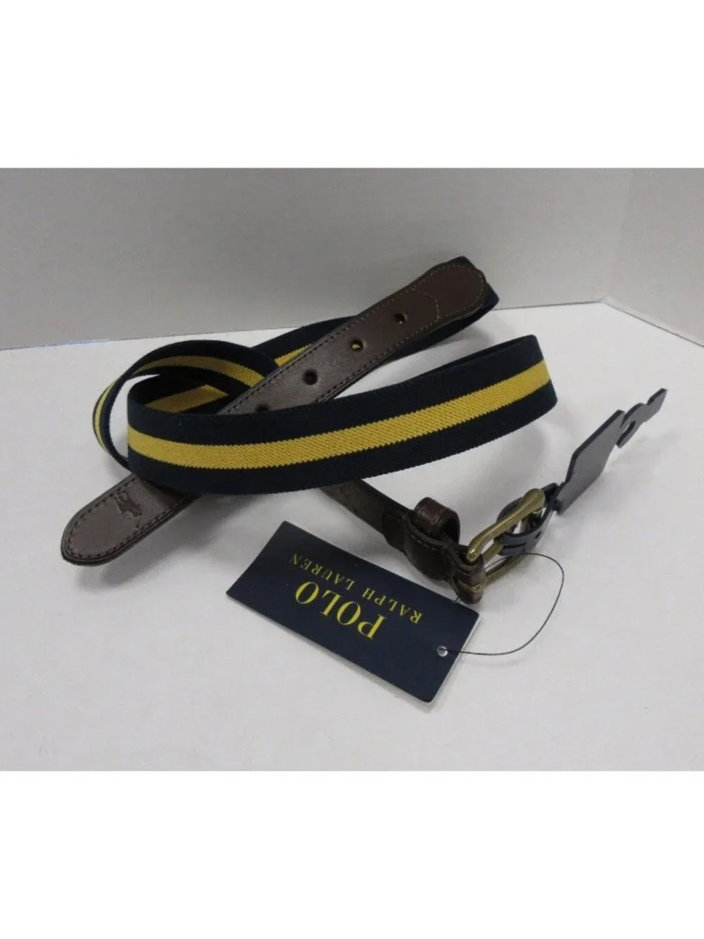 Polo Ralph Lauren Belt 42 Yellow Canvas Leather D Ring Striped Preppy